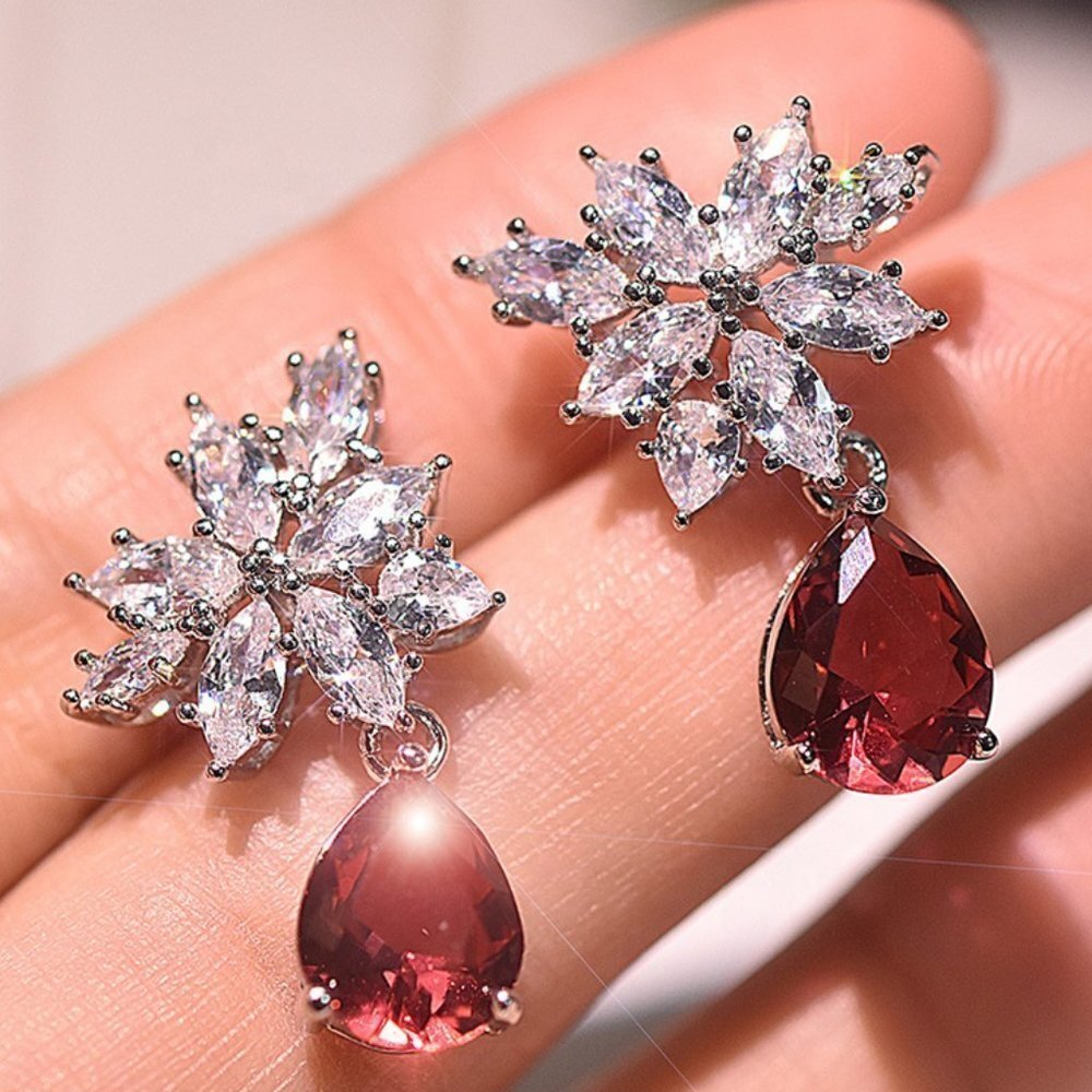 🍁Water Drop Ruby CZ Shiny Leaf Pear Drop Earrings, GPMB1412